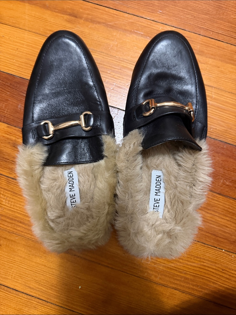 Steve Madden Black Leather Loafers with Tan Fur Lining
